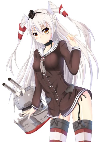 Anime picture 2480x3507 with kantai collection amatsukaze destroyer rensouhou-kun nugi (armenci) single long hair tall image looking at viewer blush highres white background brown eyes white hair two side up girl thighhighs weapon hat hair tubes sailor suit