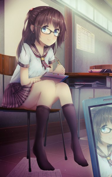 Anime picture 1840x2907 with original gan ma single long hair tall image looking at viewer blush fringe highres blue eyes smile brown hair sitting twintails bent knee (knees) pleated skirt short sleeves no shoes classroom girl