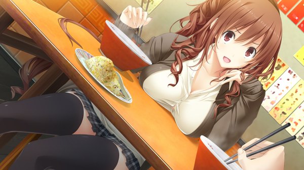 Anime picture 1280x720 with kiss bell giga kajiya ayano long hair fringe breasts open mouth light erotic brown hair wide image large breasts sitting purple eyes holding pleated skirt zettai ryouiki happy girl thighhighs skirt