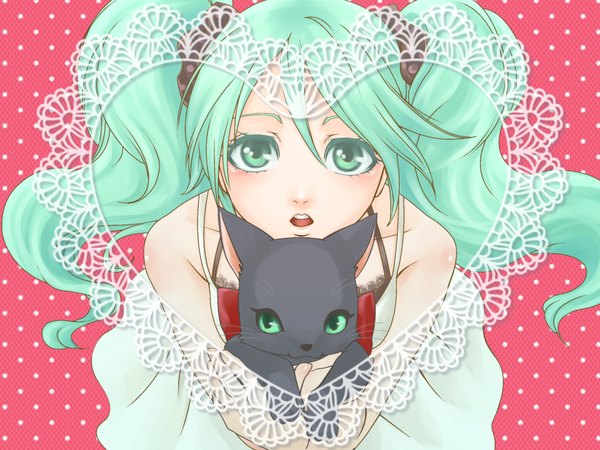 Anime picture 1280x960 with vocaloid hatsune miku cheri single long hair looking at viewer fringe open mouth hair between eyes twintails bare shoulders aqua eyes from above aqua hair polka dot polka dot background girl cat