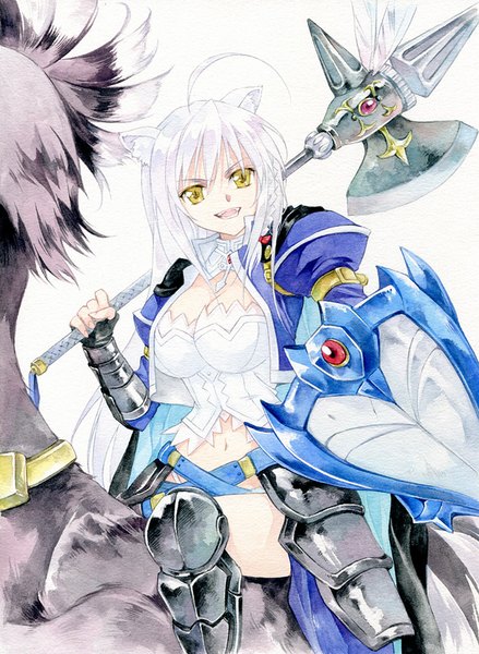 Anime picture 700x957 with dog days leonmitchelli galette des rois agahari single long hair tall image fringe open mouth white background animal ears yellow eyes looking away ahoge white hair tail animal tail cat ears cat girl cat tail traditional media