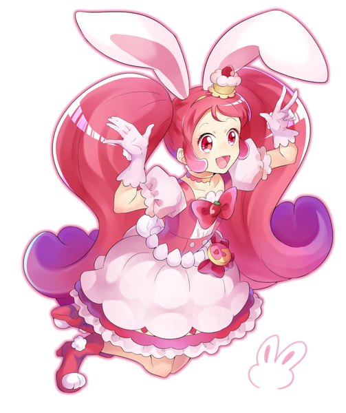 Anime picture 874x1042 with precure kirakira precure a la mode toei animation usami ichika cure whip an mochi single tall image open mouth simple background white background twintails animal ears looking away pink hair tail very long hair animal tail pink eyes bunny ears