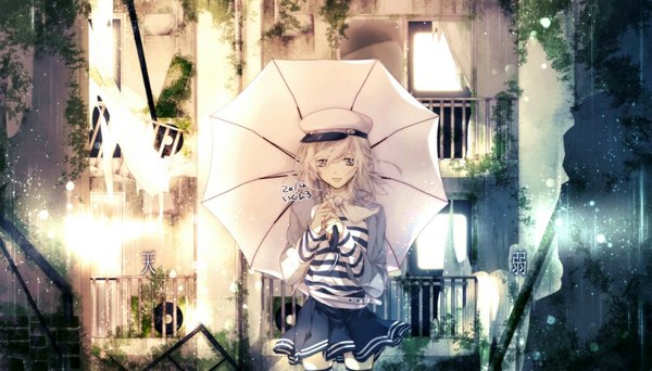 Anime picture 1024x585 with vocaloid ama no jaku (vocaloid) gumi ikuhiro (19nnnkti16) single long hair looking at viewer blonde hair wide image standing brown eyes pleated skirt wind sunlight striped destruction girl thighhighs skirt black thighhighs