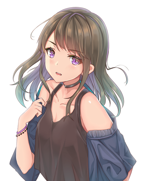 Anime picture 996x1248 with original r3d single long hair tall image looking at viewer blush fringe breasts open mouth simple background brown hair standing white background purple eyes bare shoulders purple hair upper body head tilt multicolored hair