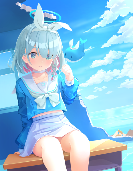 Anime picture 1828x2361 with blue archive arona (blue archive) nomio single tall image looking at viewer fringe highres short hair sitting blue hair sky cloud (clouds) braid (braids) multicolored hair aqua eyes hair over one eye dutch angle side braid horizon
