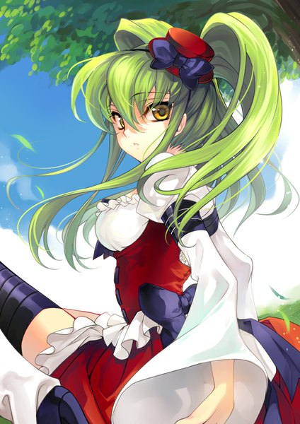 Anime picture 800x1131 with code geass sunrise (studio) c.c. creayus single long hair tall image looking at viewer fringe twintails yellow eyes green hair girl thighhighs dress bow black thighhighs plant (plants) hat tree (trees)