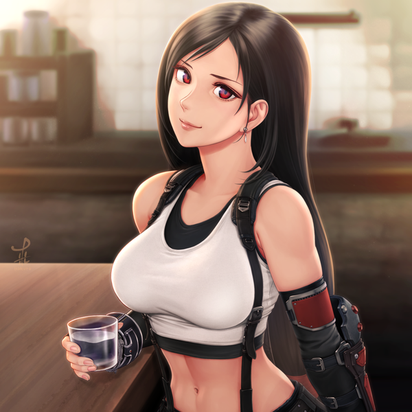 Anime picture 1200x1200 with final fantasy final fantasy vii square enix tifa lockhart horiishi horuto single long hair looking at viewer fringe breasts black hair smile red eyes standing signed upper body indoors bare belly low ponytail arm guard