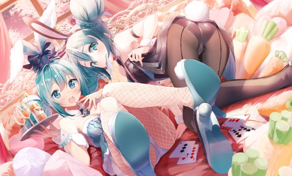 Anime picture 4240x2560 with vocaloid hatsune miku bicute bunnies miku daidou (demitasse) looking at viewer blush fringe highres short hair open mouth light erotic smile hair between eyes wide image sitting multiple girls holding animal ears absurdres ass