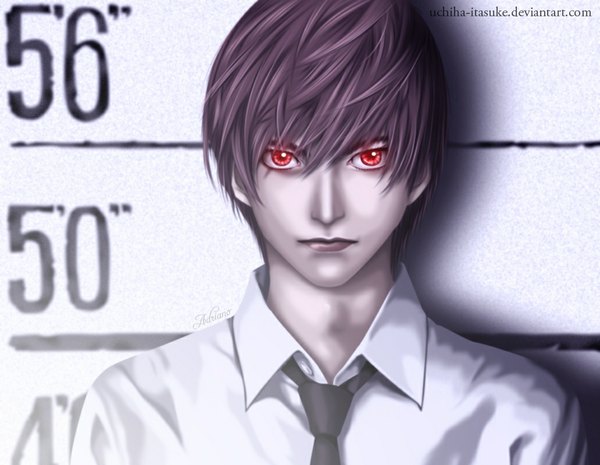 Anime picture 1032x800 with death note madhouse yagami light uchiha-itasuke single looking at viewer short hair red eyes brown hair signed glowing portrait glowing eye (eyes) dark hair boy necktie