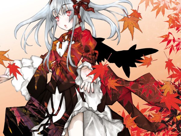 Anime picture 1280x960 with rozen maiden suigintou long hair red eyes silver hair autumn wings leaf (leaves) kakashichi