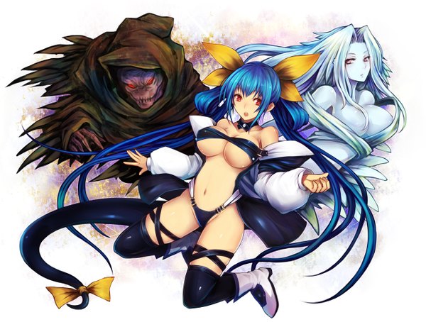Anime picture 1300x985 with guilty gear dizzy (guilty gear) undine (guilty gear) necro (guilty gear) undine kara (color) long hair breasts light erotic red eyes large breasts twintails blue hair tail center opening girl thighhighs bow black thighhighs hood