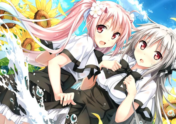 Anime picture 1000x707 with juuoumujin no fafnir iris freyja tear lightning nemo (piisukun) long hair looking at viewer blush fringe open mouth red eyes twintails multiple girls pink hair sky silver hair cloud (clouds) looking back multicolored hair horn (horns) gradient hair