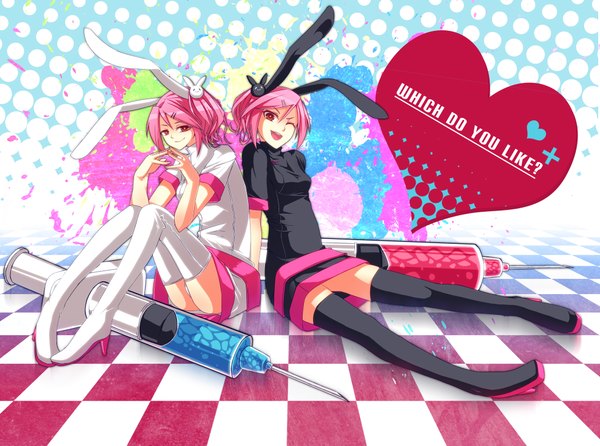 Anime picture 1978x1473 with tagme (artist) highres red eyes multiple girls animal ears pink hair one eye closed wink high heels bunny ears checkered floor back to back checkered nurse checkered background girl thighhighs hair ornament 2 girls boots
