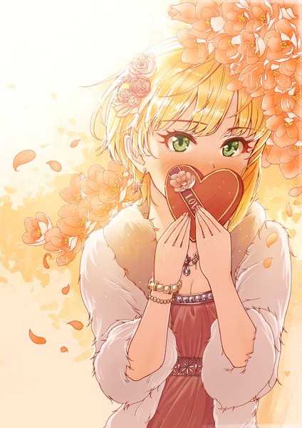 Anime picture 778x1100 with idolmaster idolmaster cinderella girls miyamoto frederica fumiya-taketatsu single tall image looking at viewer blush fringe short hair breasts blonde hair simple background standing holding green eyes cleavage upper body hair flower embarrassed