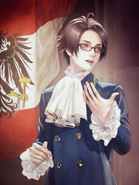 Anime picture 1548x2048 with axis powers hetalia studio deen austria (hetalia) fioletovyy single tall image short hair open mouth brown hair standing purple eyes looking away upper body indoors mole mole under mouth double buttons boy glasses frills