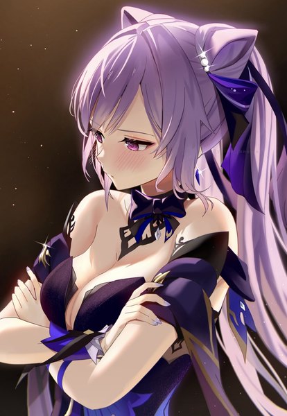 Anime picture 880x1275 with genshin impact keqing (genshin impact) keqing (opulent splendor) (genshin impact) janome yuiwa single long hair tall image blush fringe breasts light erotic simple background hair between eyes large breasts purple eyes bare shoulders looking away cleavage purple hair upper body