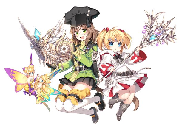 Anime picture 1500x1076 with final fantasy final fantasy xiv square enix miqo'te white mage lalafell eos (ff14) scholar (final fantasy) selene (ff14) nardack long hair blush short hair open mouth blue eyes blonde hair brown hair twintails multiple girls holding