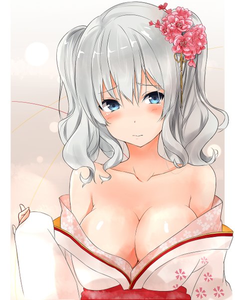 Anime picture 2000x2545 with kantai collection kashima training cruiser saku (kudrove) single tall image looking at viewer blush highres short hair breasts blue eyes light erotic simple background hair between eyes large breasts bare shoulders cleavage silver hair long sleeves traditional clothes