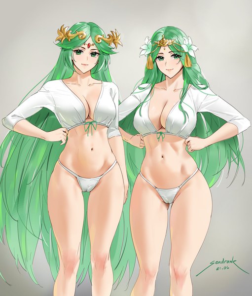 Anime picture 1250x1467 with fire emblem fire emblem: three houses kid icarus nintendo rhea (fire emblem) palutena sendrawz long hair tall image looking at viewer blush fringe breasts light erotic simple background smile large breasts standing multiple girls green eyes