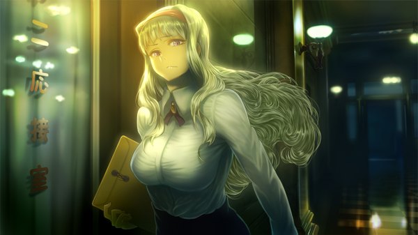 Anime picture 1279x719 with idolmaster shijou takane dara single long hair looking at viewer breasts wide image large breasts purple eyes silver hair wavy hair girl shirt hairband