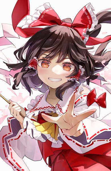 Anime picture 800x1228 with touhou hakurei reimu syuri22 single long hair tall image looking at viewer black hair smile brown eyes upper body traditional clothes japanese clothes grin victory nontraditional miko girl bow hair bow detached sleeves