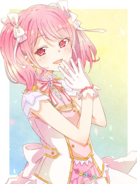 Anime picture 746x1000 with bang dream! maruyama aya e20 single tall image looking at viewer blush fringe short hair open mouth red eyes twintails pink hair upper body head tilt border hand to mouth hands clasped girl dress