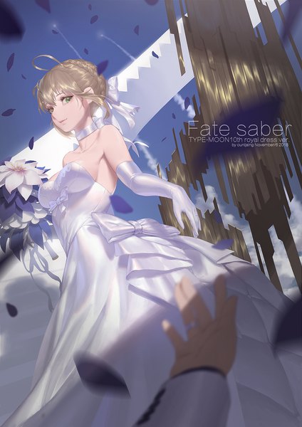 Anime picture 1240x1754 with fate (series) fate/stay night artoria pendragon (all) saber ounijang tall image looking at viewer fringe short hair breasts blonde hair smile hair between eyes standing bare shoulders holding green eyes signed payot ahoge
