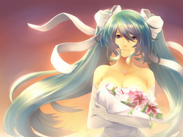 Anime picture 1280x960 with league of legends sona buvelle aerlai (artist) single long hair looking at viewer blue eyes twintails bare shoulders aqua hair girl dress gloves flower (flowers) bow hair bow elbow gloves wedding dress