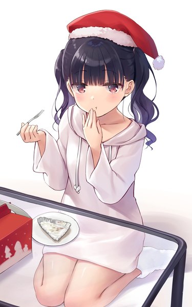 Anime picture 1280x2049 with original na-ga single long hair tall image looking at viewer fringe black hair simple background white background sitting twintails brown eyes blunt bangs long sleeves christmas eating seiza :t girl