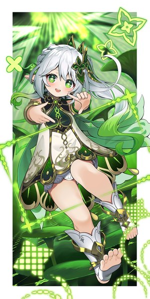 Anime picture 2482x4940 with genshin impact nahida (genshin impact) yuujin (yuzinn333) single long hair tall image looking at viewer fringe highres open mouth hair between eyes green eyes silver hair full body :d pointy ears magic side ponytail border symbol-shaped pupils