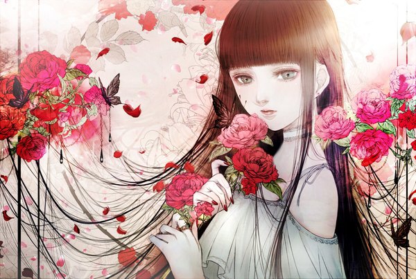 Anime picture 1800x1209 with original kuroe (pixiv5268156) single long hair fringe highres brown hair holding looking away blunt bangs nail polish grey eyes red nail polish girl flower (flowers) earrings petals choker rose (roses) insect