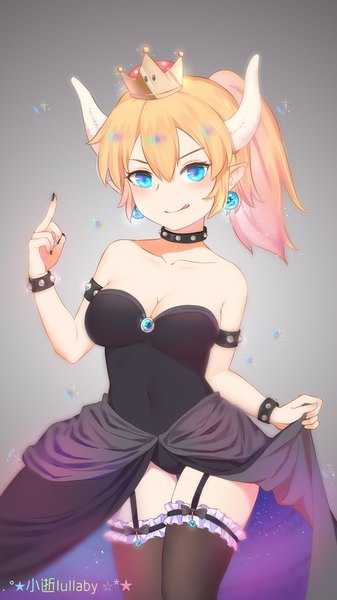 Anime picture 540x960 with super mario bros. new super mario bros. u deluxe bowsette xiao shi lullaby single long hair tall image looking at viewer blush fringe breasts blue eyes light erotic blonde hair simple background hair between eyes standing bare shoulders cleavage ponytail