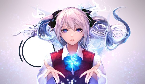 Anime picture 1456x854 with original jname single long hair looking at viewer fringe simple background hair between eyes wide image purple eyes twintails silver hair upper body parted lips inscription gradient background floating hair outstretched arm magic revision