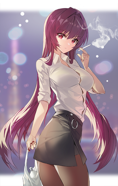 Anime picture 634x1000 with fate (series) fate/grand order scathach (fate) (all) scathach (fate) damda single long hair tall image looking at viewer fringe breasts hair between eyes red eyes holding purple hair nail polish head tilt profile looking back arm up