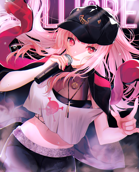 Anime picture 2000x2476 with virtual youtuber hololive hololive english mori calliope mori calliope (streetwear) hitotsuyama jitan single long hair tall image highres open mouth pink hair ponytail nail polish :d pink eyes midriff official alternate costume shaded face clothes on shoulders