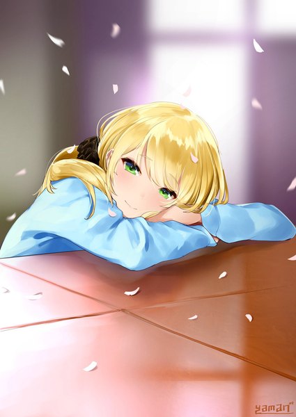 Anime picture 1500x2118 with new horizon ellen baker yaman (yamanta lov) single long hair tall image looking at viewer blush fringe blonde hair smile green eyes signed side ponytail reclining girl petals scrunchie hair tie