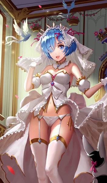 Anime picture 1658x2824 with re:zero kara hajimeru isekai seikatsu white fox rem (re:zero) itoucon single tall image looking at viewer fringe short hair breasts open mouth blue eyes light erotic smile standing bare shoulders blue hair cleavage bent knee (knees) indoors