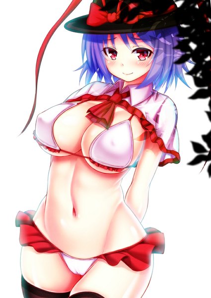 Anime picture 708x1000 with touhou nagae iku ebi 193 single tall image blush breasts light erotic smile red eyes large breasts white background purple hair light smile midriff erect nipples thighs covered nipples cameltoe hands behind back
