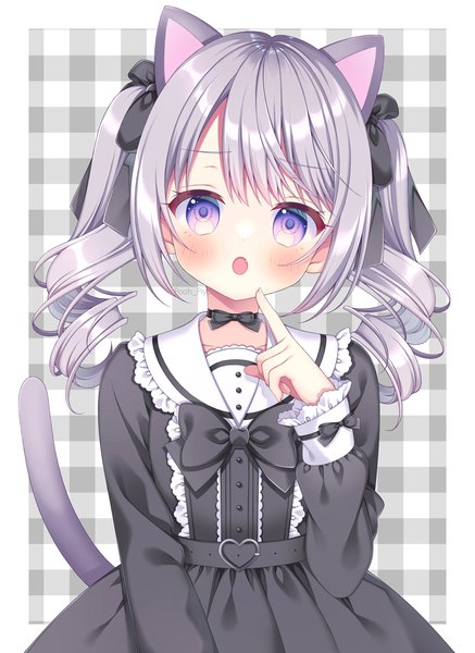 Anime picture 1093x1500 with original puu (kari---ume) single long hair tall image looking at viewer blush purple eyes twintails animal ears silver hair tail animal tail cat ears :o cat girl cat tail drill hair border outside border