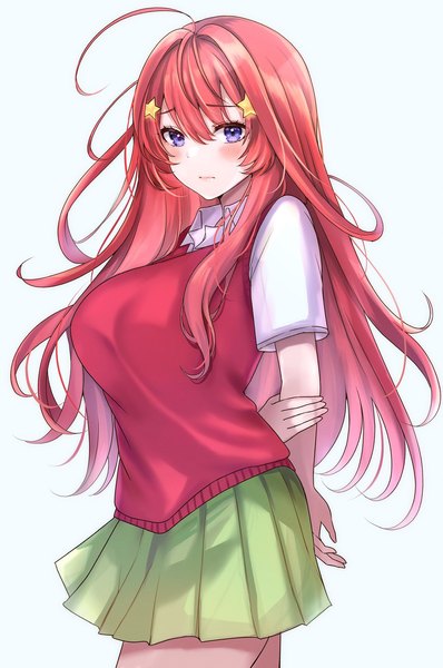 Anime picture 1358x2048 with go-toubun no hanayome nakano itsuki yu lei single long hair tall image blush fringe breasts simple background hair between eyes large breasts purple eyes looking away ahoge red hair pleated skirt holding arm girl skirt