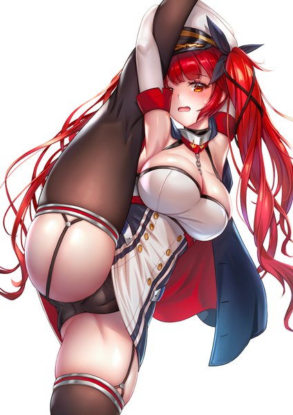 Anime picture 800x1131 with azur lane honolulu (azur lane) brick (artist) single long hair tall image looking at viewer blush fringe breasts open mouth light erotic simple background red eyes large breasts standing white background twintails red hair blunt bangs