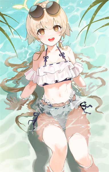 Anime picture 1531x2405 with blue archive hifumi (blue archive) hifumi (swimsuit) (blue archive) tikakaa single long hair tall image looking at viewer open mouth blonde hair sitting twintails brown eyes :d from above arm support partially submerged low twintails official alternate costume sunglasses on head