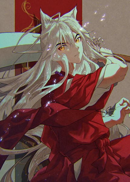 Anime picture 1500x2100 with inuyasha inuyasha (character) gsuh4727 single long hair tall image looking at viewer fringe hair between eyes animal ears yellow eyes white hair traditional clothes japanese clothes shadow dog ears boy weapon sword