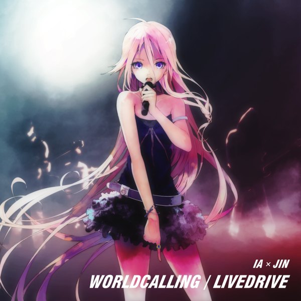 Anime picture 2816x2816 with vocaloid ia (vocaloid) single long hair highres open mouth blue eyes pink hair inscription dark background girl dress bracelet belt feather (feathers) ring microphone