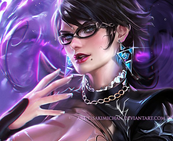 Anime picture 900x737 with bayonetta bayonetta (character) sakimichan single short hair breasts open mouth blue eyes light erotic black hair large breasts fingernails realistic mole lipstick close-up mole under mouth pink lipstick shiny girl
