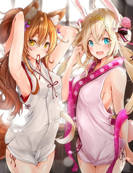 Anime picture 1558x2020 with shironeko project korin (shironeko project) tsukimi (shironeko project) fuku kitsune (fuku fox) long hair tall image looking at viewer blush fringe breasts open mouth blue eyes light erotic blonde hair hair between eyes twintails multiple girls holding signed animal ears