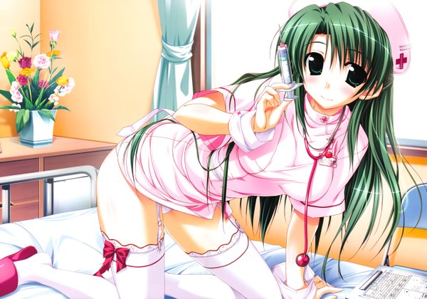 Anime picture 5770x4040 with long hair blush highres light erotic green eyes pantyshot nurse thighhighs underwear panties white thighhighs syringe hospital