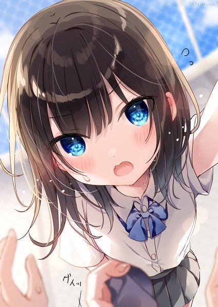 Anime picture 1254x1770 with original mafuyu (chibi21) long hair tall image looking at viewer blush fringe open mouth blue eyes black hair standing signed sky outdoors pleated skirt arm up from above blurry short sleeves fang (fangs)