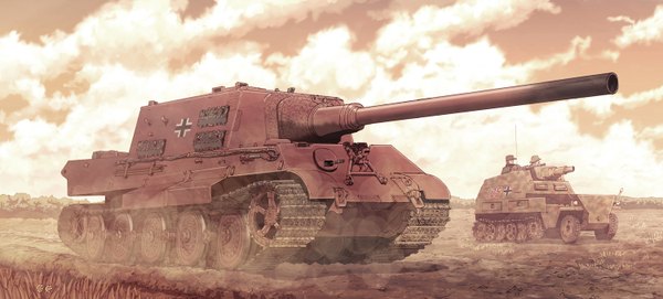 Anime picture 1500x678 with original earasensha wide image sky cloud (clouds) military field weapon gun ground vehicle tank caterpillar tracks