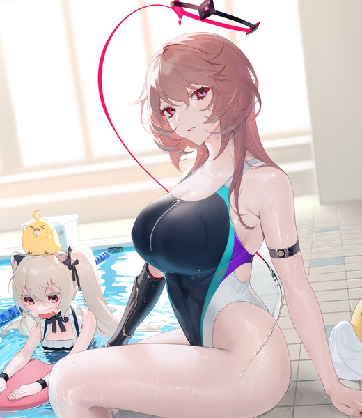 Anime picture 1483x1712 with azur lane manjuu (azur lane) duca degli abruzzi (azur lane) valiant (azur lane) ohisashiburi long hair tall image looking at viewer fringe breasts open mouth light erotic hair between eyes red eyes brown hair large breasts sitting twintails payot looking away